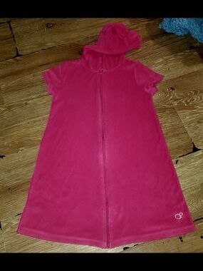 Juniors Hooded Pink Terrycloth Zip-Front Beach Mini Dress